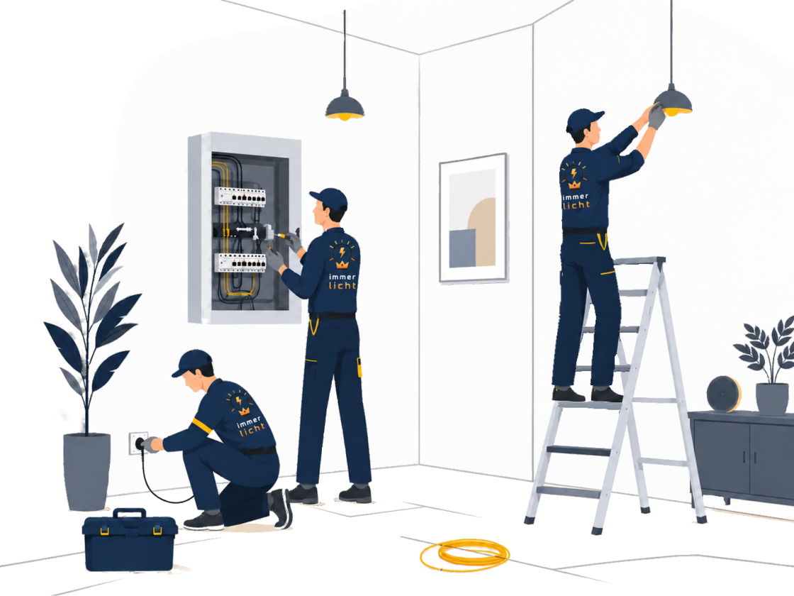 Illustration von Immerlicht-Elektrikern bei Installation, Verteiler und Beleuchtung